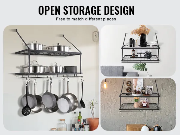 VEVOR pot rack in kitchen and living room scenes, showcasing versatile open storage design.