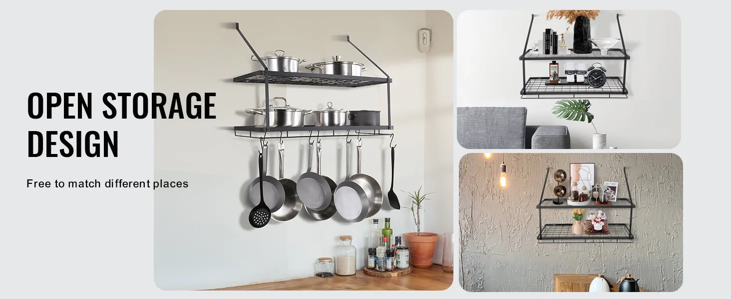 VEVOR pot rack in kitchen and living room scenes, showcasing versatile open storage design.