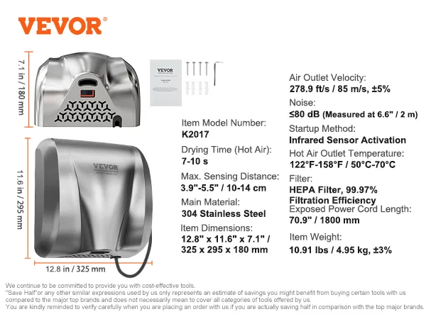 VEVOR hand dryer, 12.8"x11.6"x7.1", k2017, hepa filter, infrared sensor, 7-10s drying time.