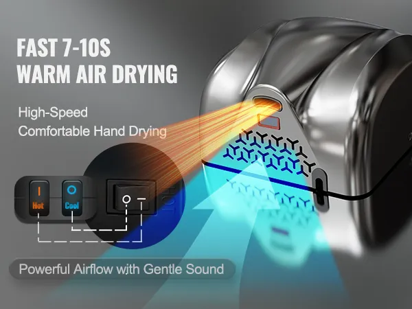 VEVOR hand dryer with adjustable hot and cool air settings for fast, high-speed hand drying in 7-10 seconds.
