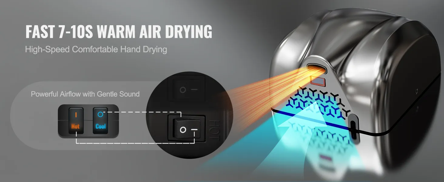 VEVOR hand dryer with adjustable hot and cool air settings for fast, high-speed hand drying in 7-10 seconds.