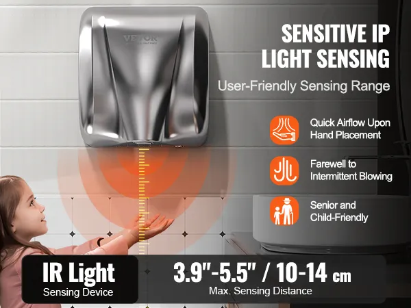VEVOR hand dryer with sensitive ir light sensing for quick airflow, child-friendly, and user-friendly range.