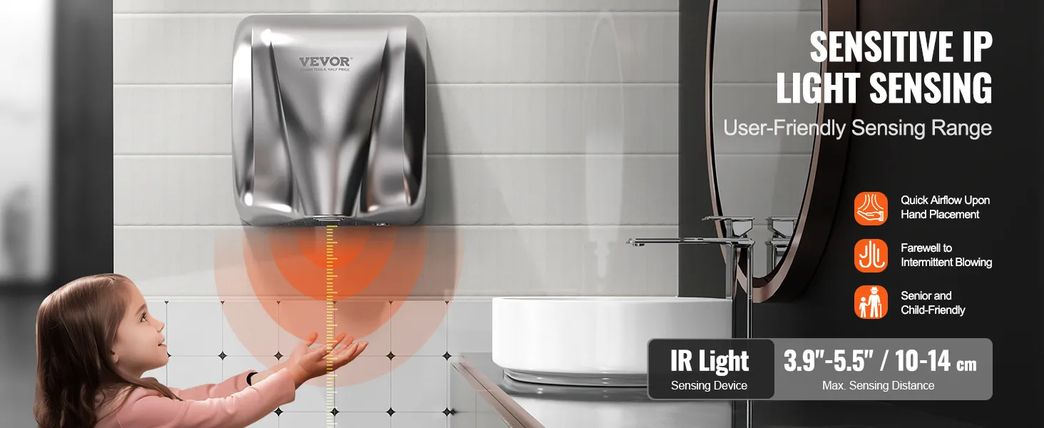 VEVOR hand dryer with sensitive ir light sensing for quick airflow, child-friendly, and user-friendly range.