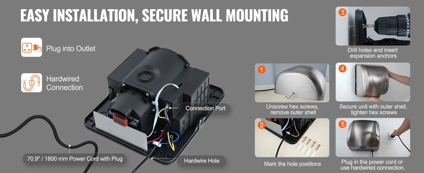 easy installation guide for VEVOR hand dryer with plug-in and hardwired options and secure wall mounting steps.