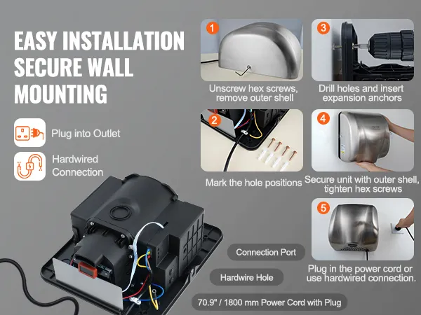 VEVOR hand dryer with detachable hepa filter, removing 99.97% of dust for clean airflow.
