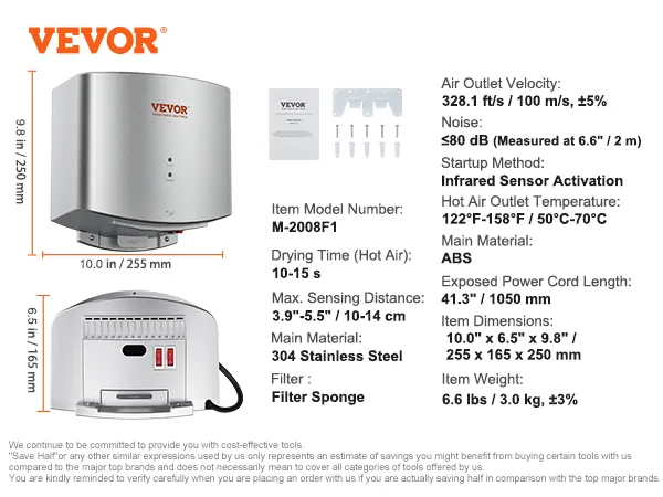 VEVOR hand dryer m-2008f1, 10-15s dry time, 255x165x250mm, abs, ≤80 db, infrared sensor activation.