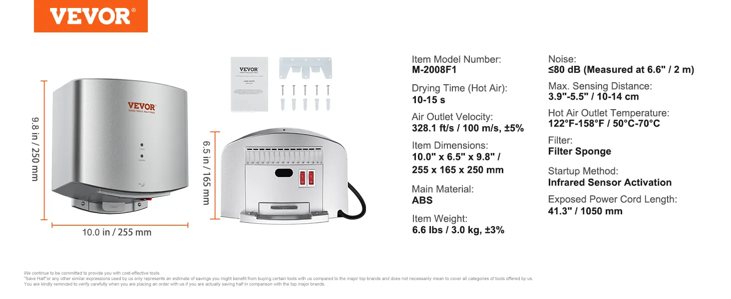 VEVOR hand dryer m-2008f1, 10-15s dry time, 255x165x250mm, abs, ≤80 db, infrared sensor activation.
