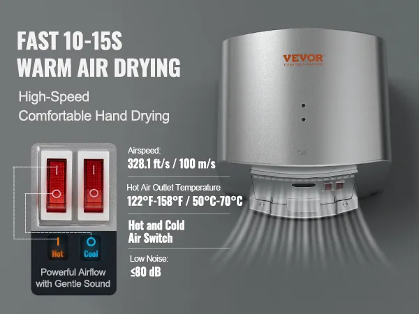 VEVOR hand dryer with high-speed warm air drying, hot and cold air switch, and low noise operation.