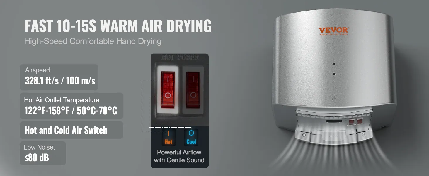 VEVOR hand dryer with high-speed warm air drying, hot and cold air switch, and low noise operation.