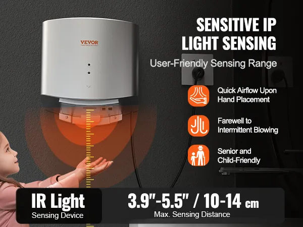 VEVOR hand dryer with ip light sensing, user-friendly range, and quick airflow for child safety.