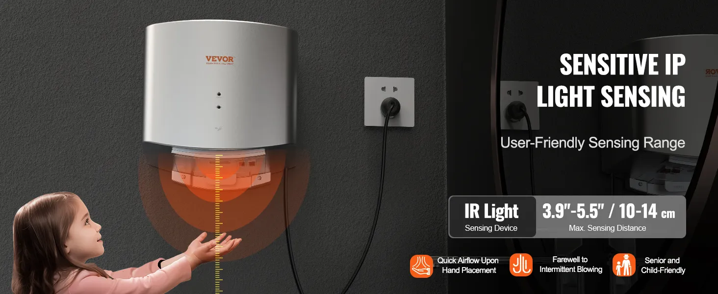 VEVOR hand dryer with ip light sensing, user-friendly range, and quick airflow for child safety.