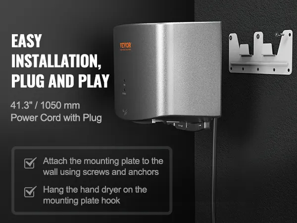 VEVOR hand dryer with mounting instructions and power cord, easy installation, plug and play.