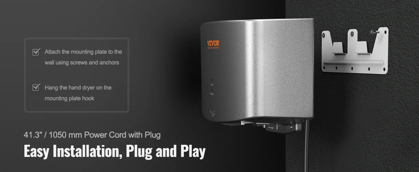 VEVOR hand dryer with mounting instructions and power cord, easy installation, plug and play.