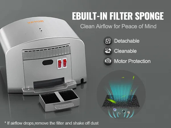 VEVOR hand dryer with built-in filter sponge, detachable and cleanable for motor protection.