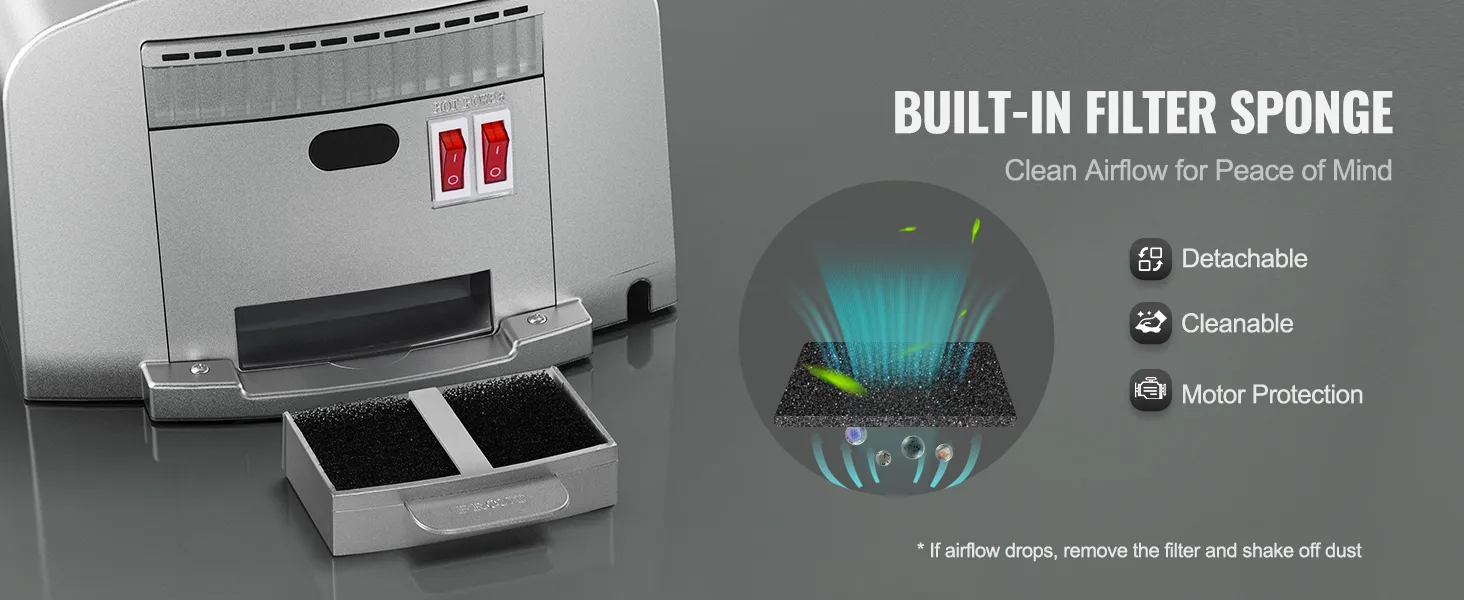 VEVOR hand dryer with built-in filter sponge, detachable and cleanable for motor protection.