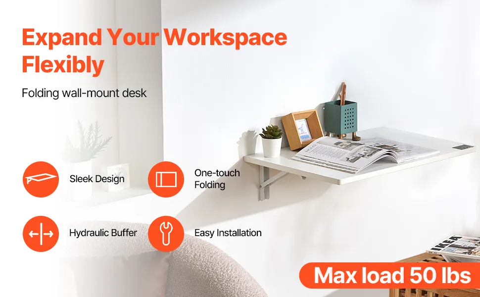 VEVOR wall mounted folding table in workshop, providing space-saving storage and neatness.