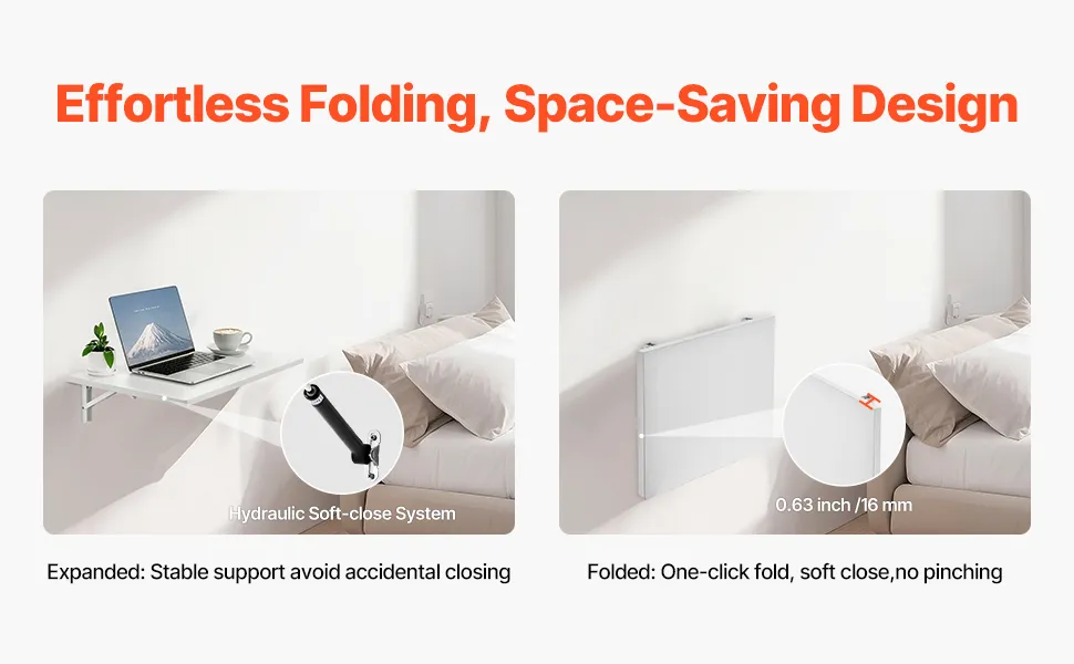 VEVOR wall mounted folding table: premium material, child-friendly, multi-layer, double edge sealing.
