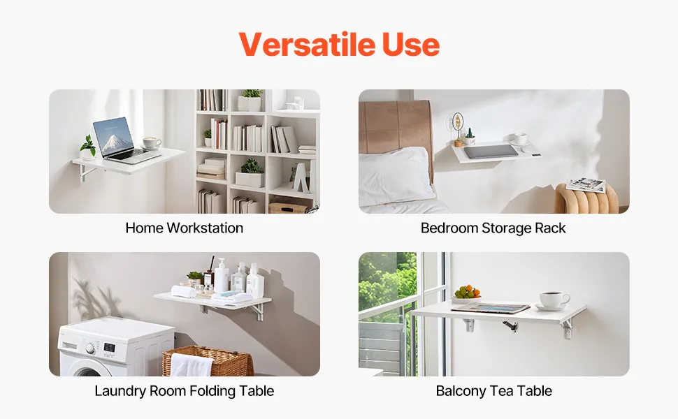 VEVOR wall mounted folding table in garage, workspace, bathroom, cosmetics, and bedroom desk setups.