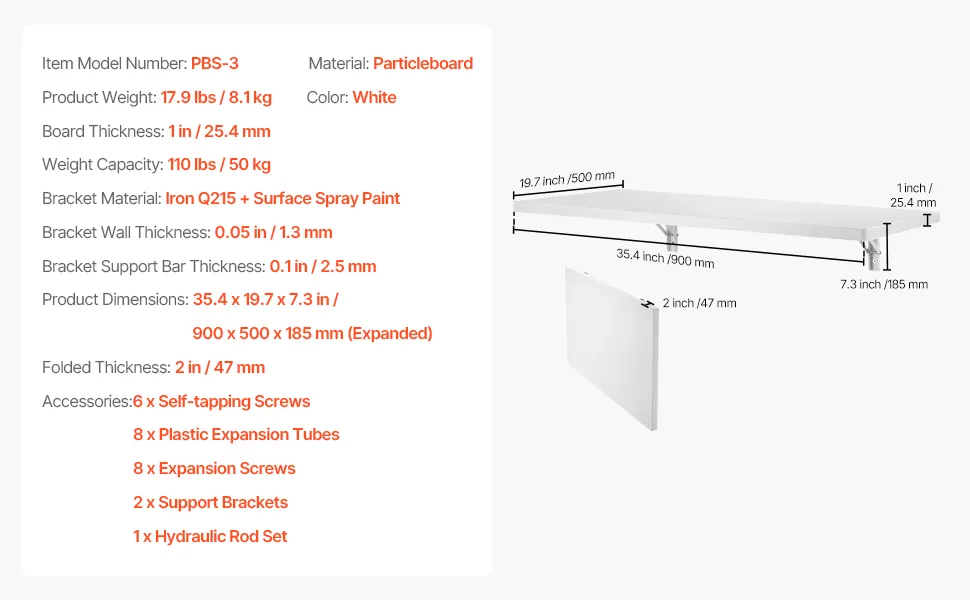 Mesa plegable de pared VEVOR, 35,43" x 19,69", tablero de partículas blanco, soportes de hierro plegables.