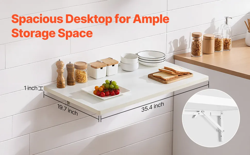 Mesa plegable de pared VEVOR con dimensiones y capacidad de carga ideal para portátiles y herramientas.