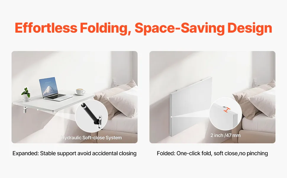 VEVOR wall mounted folding table with double edge sealing, rounded corners, and multi-layer surface.