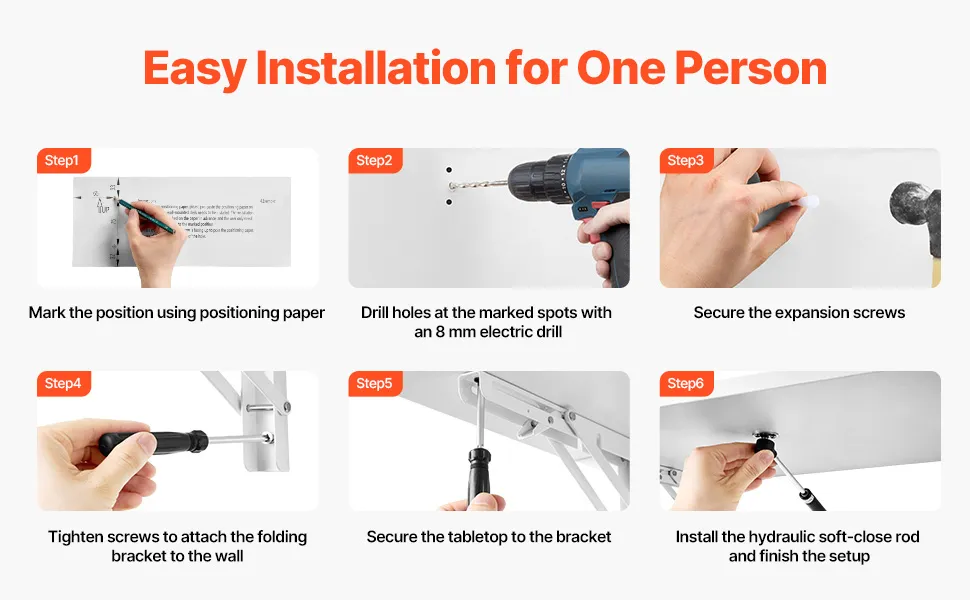 VEVOR wall mounted folding table installation guide with steps: drill, install screw, and tighten screw.
