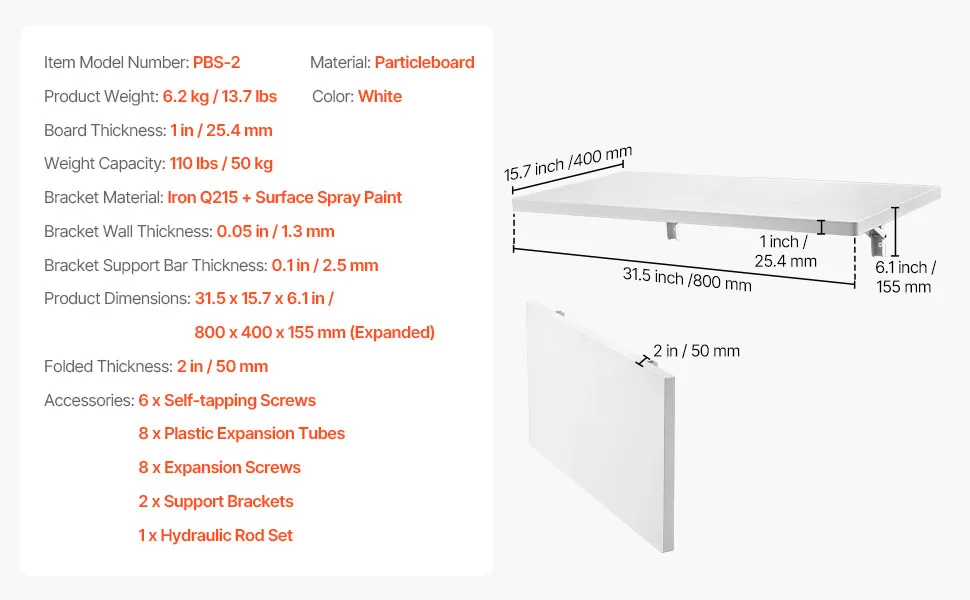 VEVOR opvouwbare wandtafel met witte spaanplaat, ijzeren beugels en een afgerond design.