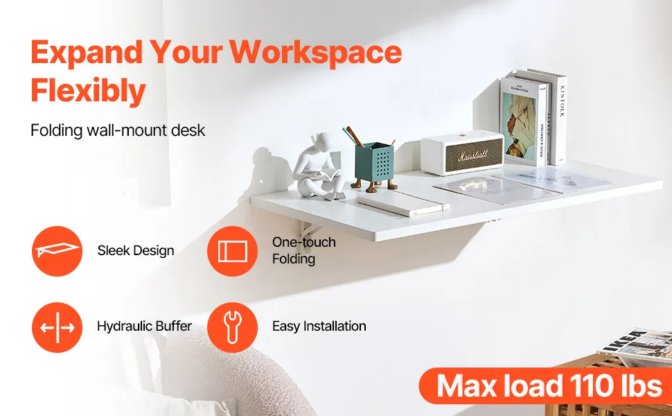 VEVOR wall mounted folding table neatly organized with tools and storage solutions, ideal for workspaces.