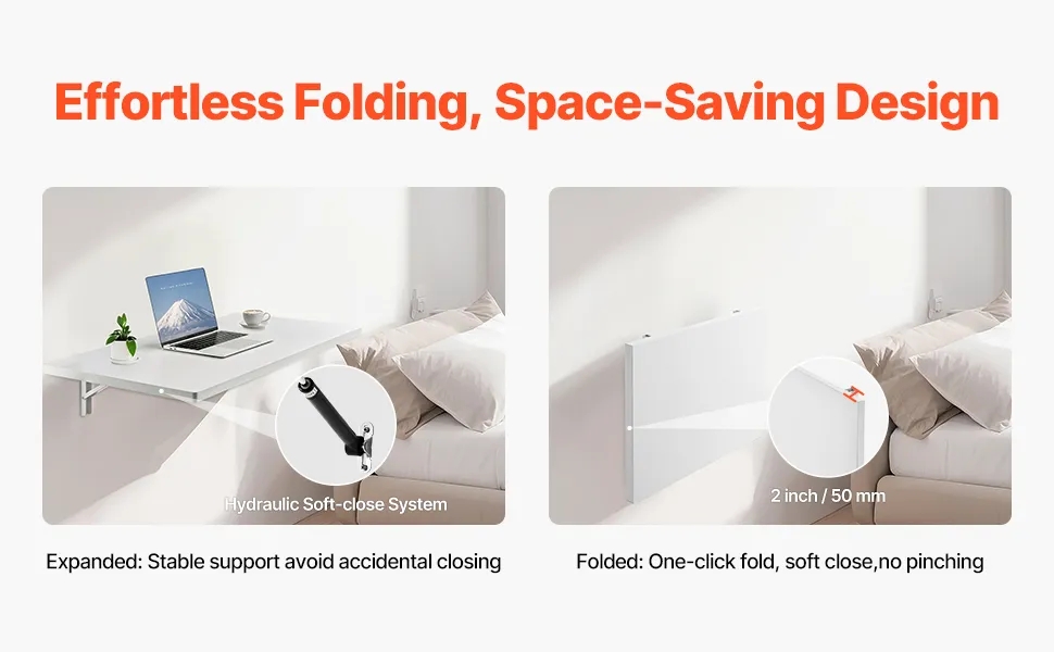 VEVOR wall mounted folding table, child-friendly, double edge sealing, rounded corners for security.