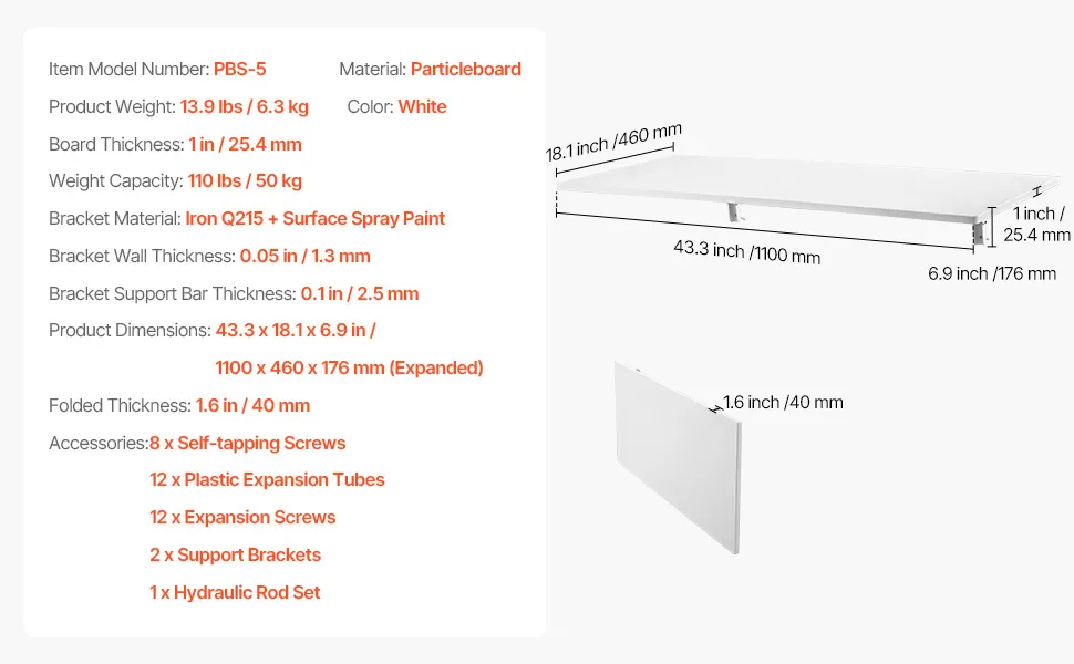 VEVOR wall mounted folding table, 43.31x18.11, foldable, white particleboard, 110 lbs capacity.