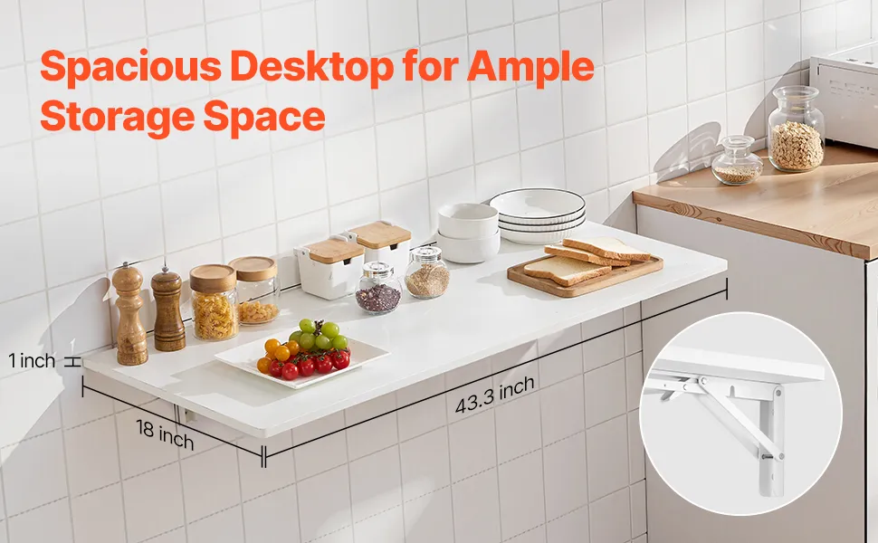 VEVOR wall mounted folding table with wide tabletop holding a laptop and tools, supporting 110 lbs.