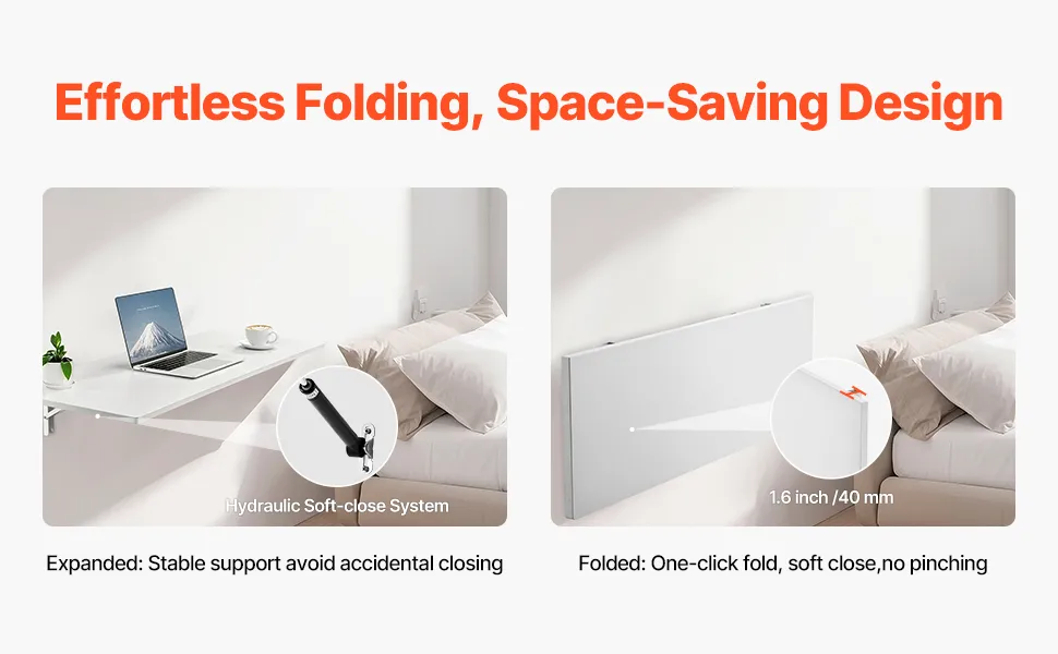 VEVOR wall mounted folding table with double edge sealing, rounded corners, and a multi-layer material.