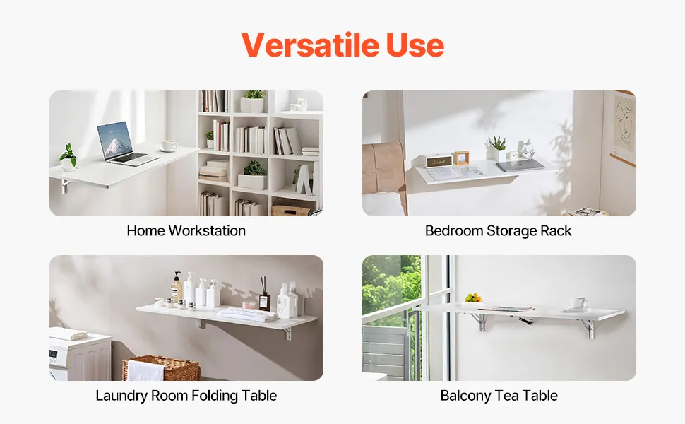 VEVOR wall mounted folding table in garage, workspace, bathroom, cosmetics, and bedroom desk settings.