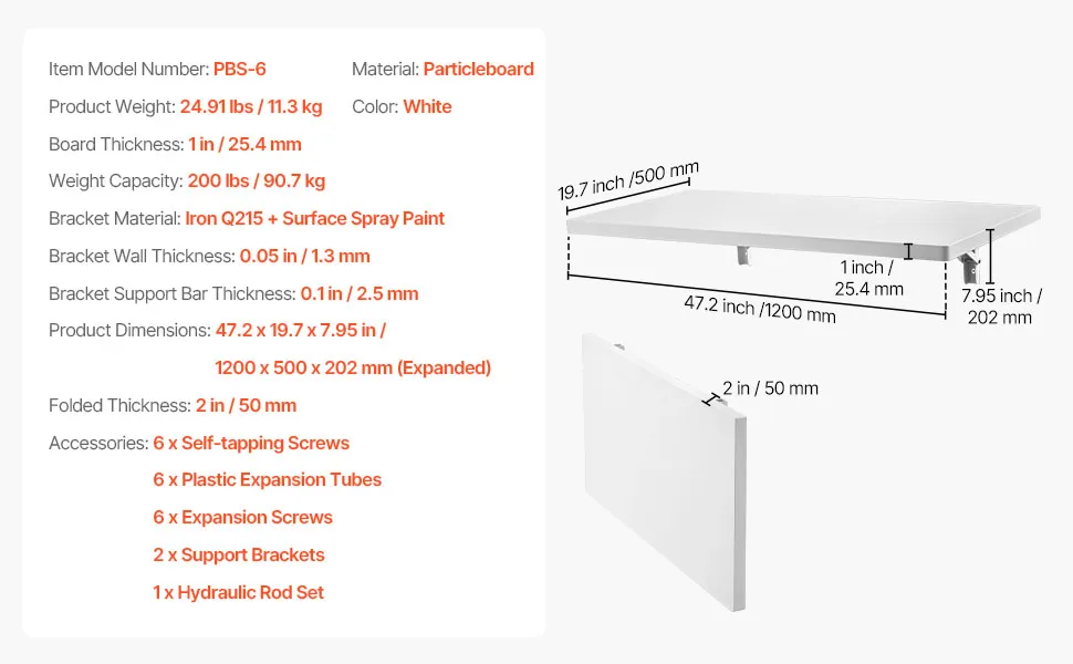 VEVOR wall mounted folding table, 47.24x19.69in, white particleboard with foldable brackets.