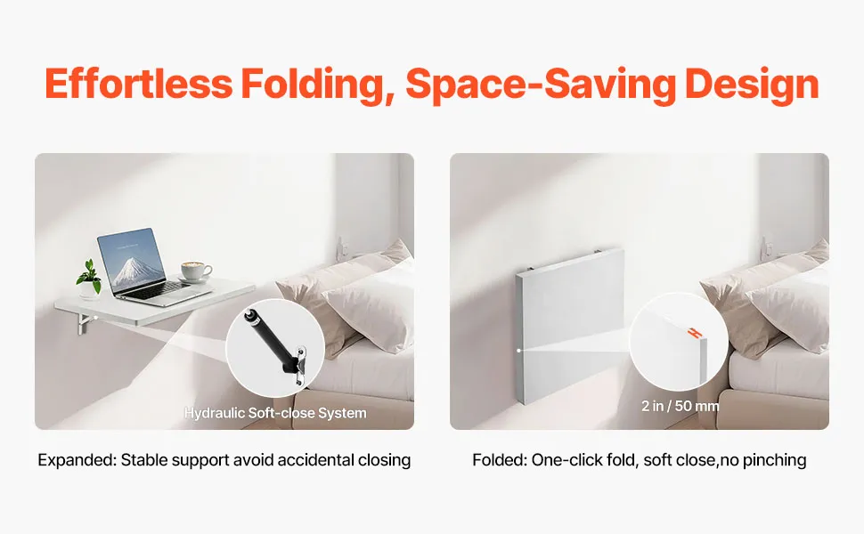 VEVOR wall mounted folding table with double edge sealing, rounded corners, premium multi-layer material.
