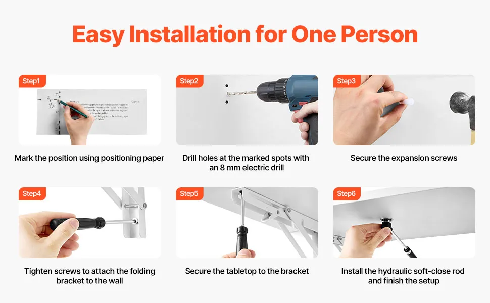 simple 3-step installation for VEVOR wall mounted folding table with drill, hammer, and screw align steps.