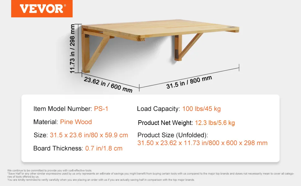 VEVOR wall mounted folding table made of pine wood, dimensions 31.5 x 23.6 x 11.73 inches.