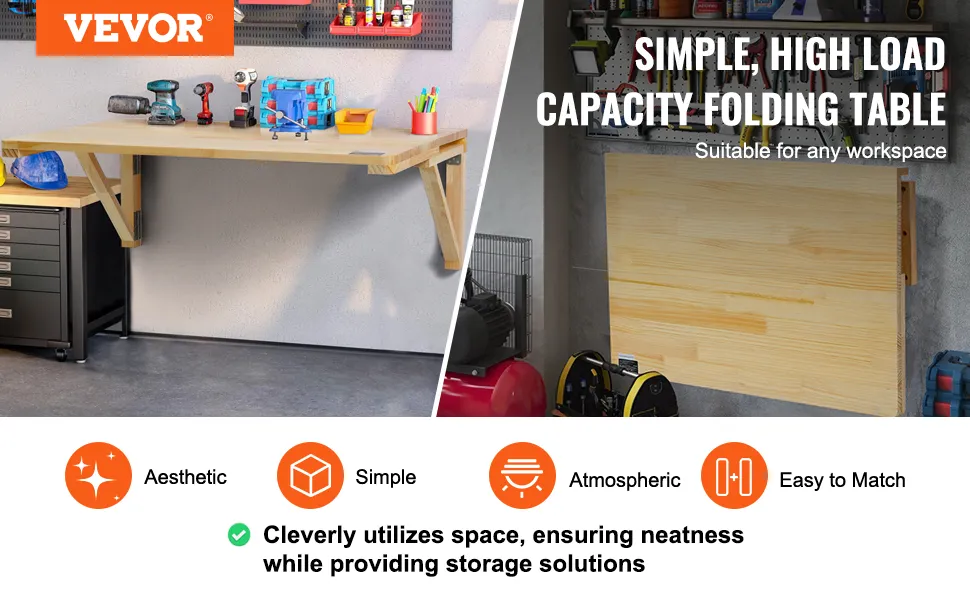 VEVOR wall mounted folding table in a workshop, displaying tools and storage solutions. simple, neat design.