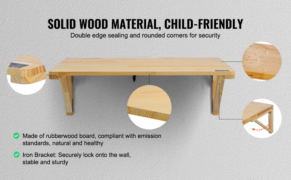 VEVOR wall mounted folding table made of solid rubberwood with iron brackets for secure and sturdy use.