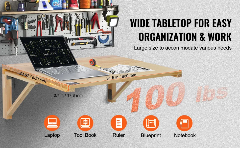 VEVOR wall mounted folding table with laptop and tools, supporting up to 100 lbs, dimensions specified.