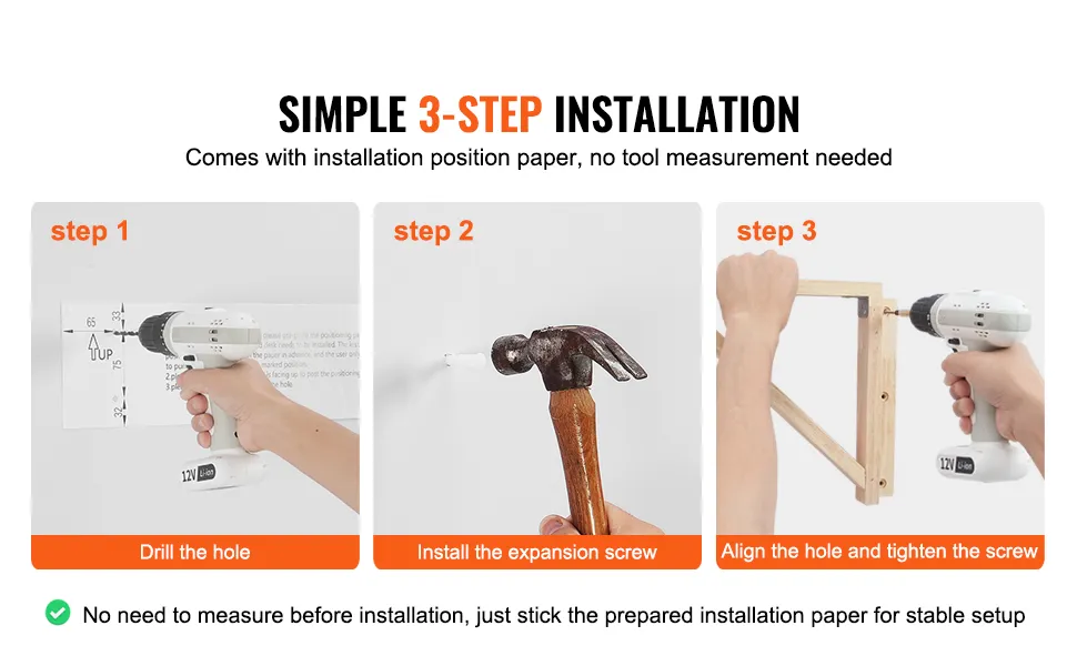 3-step installation guide for VEVOR wall mounted folding table: drill the hole, insert the screw, align and tighten.