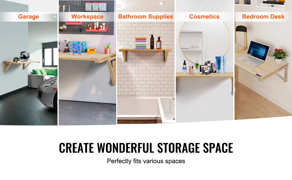 VEVOR wall mounted folding table in garage, workspace, bathroom, cosmetics area, and bedroom desk.