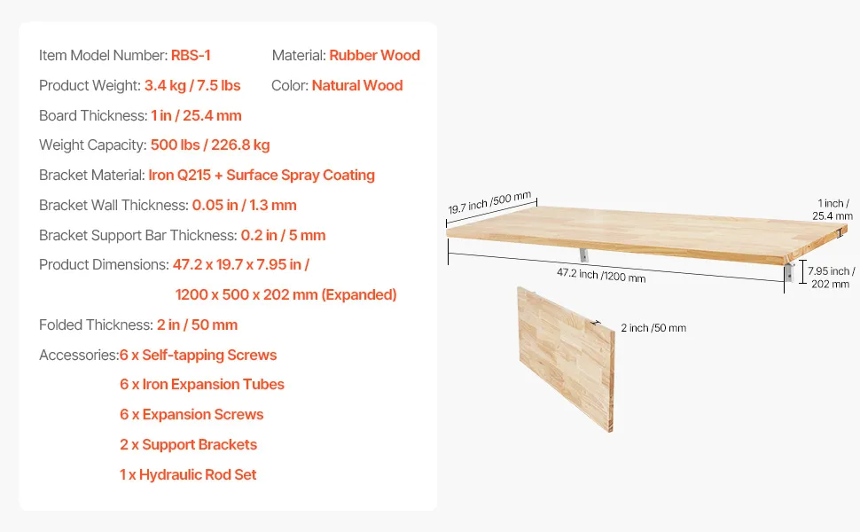 VEVOR wall mounted folding table, rubberwood, 47.24 x 19.69 x 7.95 in, 500 lbs load capacity, rbs-1 model.
