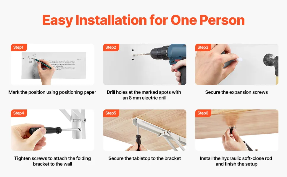 simple 3-step installation for the VEVOR wall mounted folding table: drill, install screw, align, and tighten.