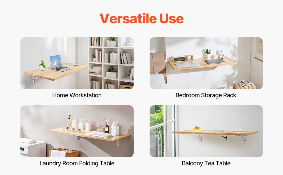 VEVOR wall mounted folding table in garage, workspace, bathroom, cosmetics area, and bedroom desk.