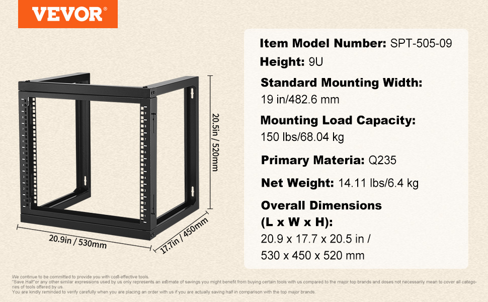 VEVOR 9U Open Frame Rack – 150 lbs, Wall Mount Server