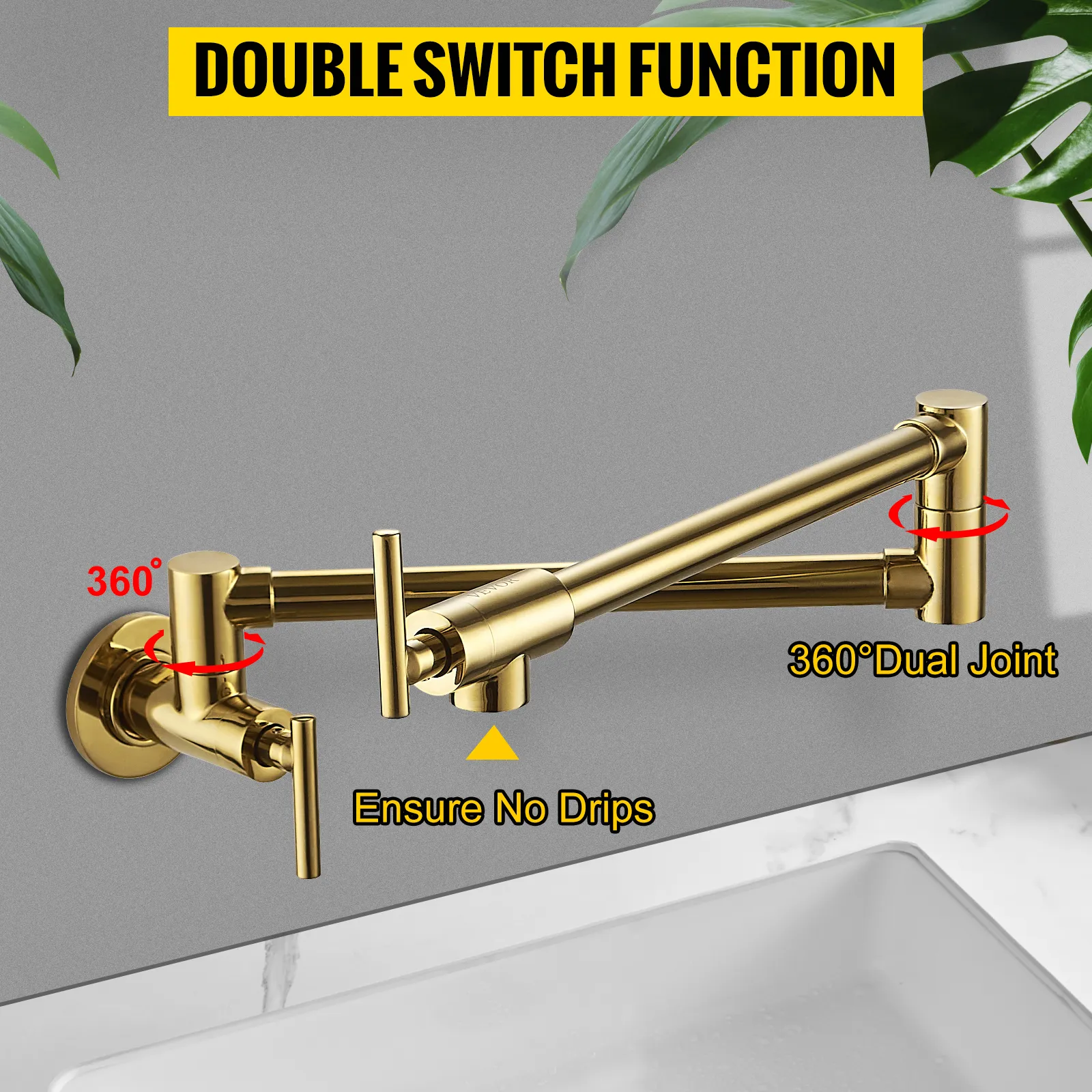 Grifo de llenado de ollas VEVOR dorado con función de doble interruptor, junta doble de 360 grados y función antigoteo.