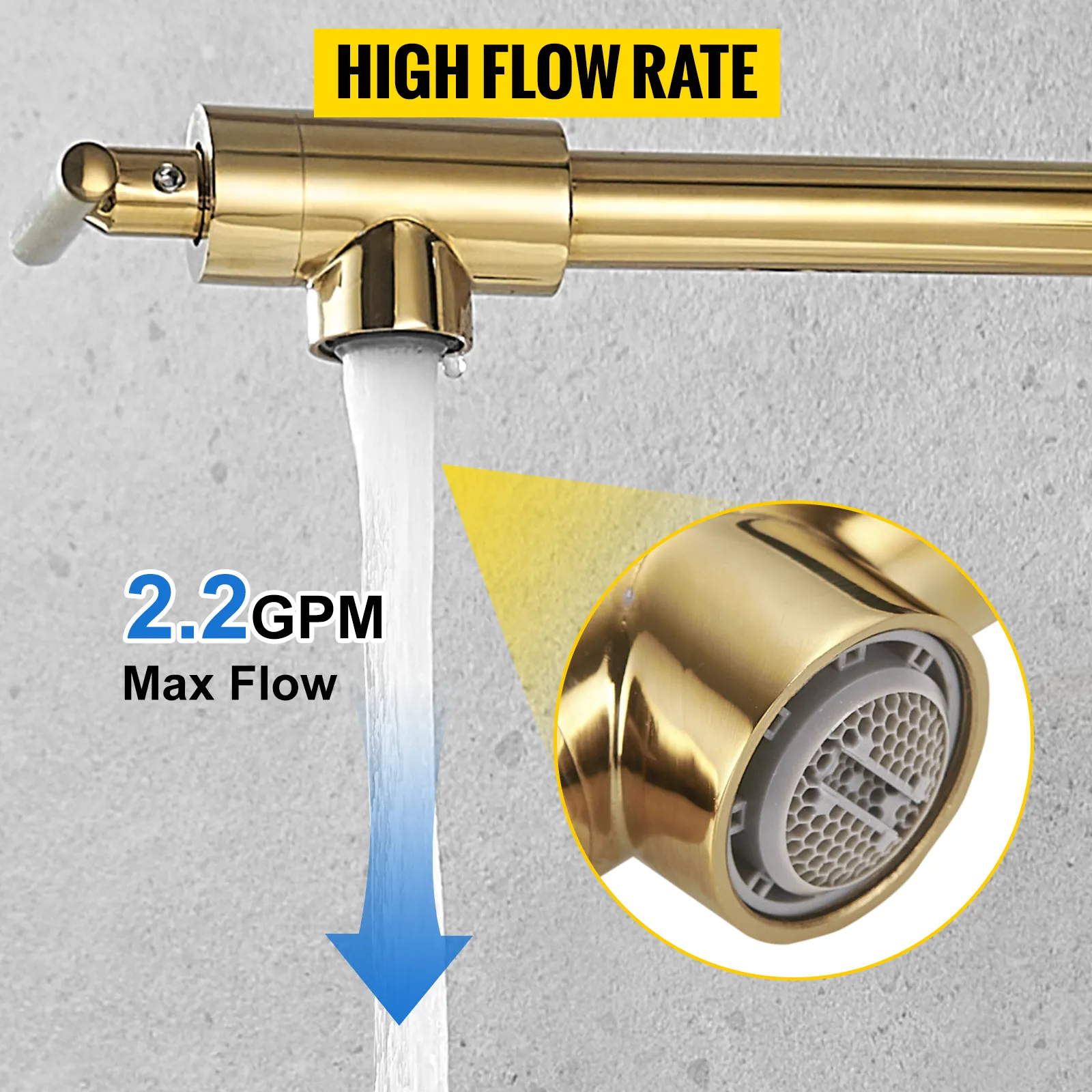 Grifo de llenado de olla VEVOR dorado que muestra un flujo máximo de 2,2 gpm y texto de alto caudal.