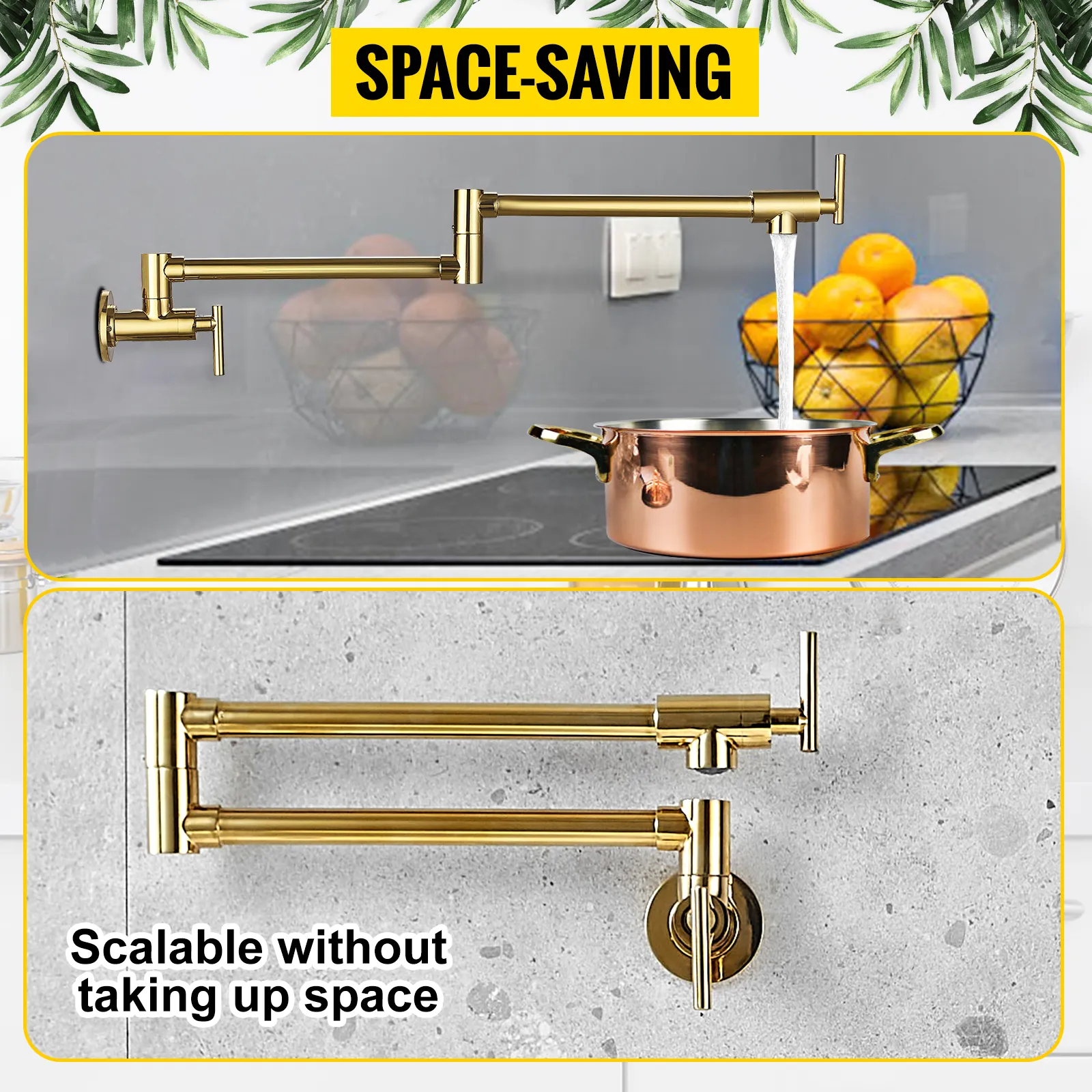 Grifo para llenar ollas VEVOR, dorado, diseño que ahorra espacio, se extiende sobre la estufa con olla de cobre y naranjas.