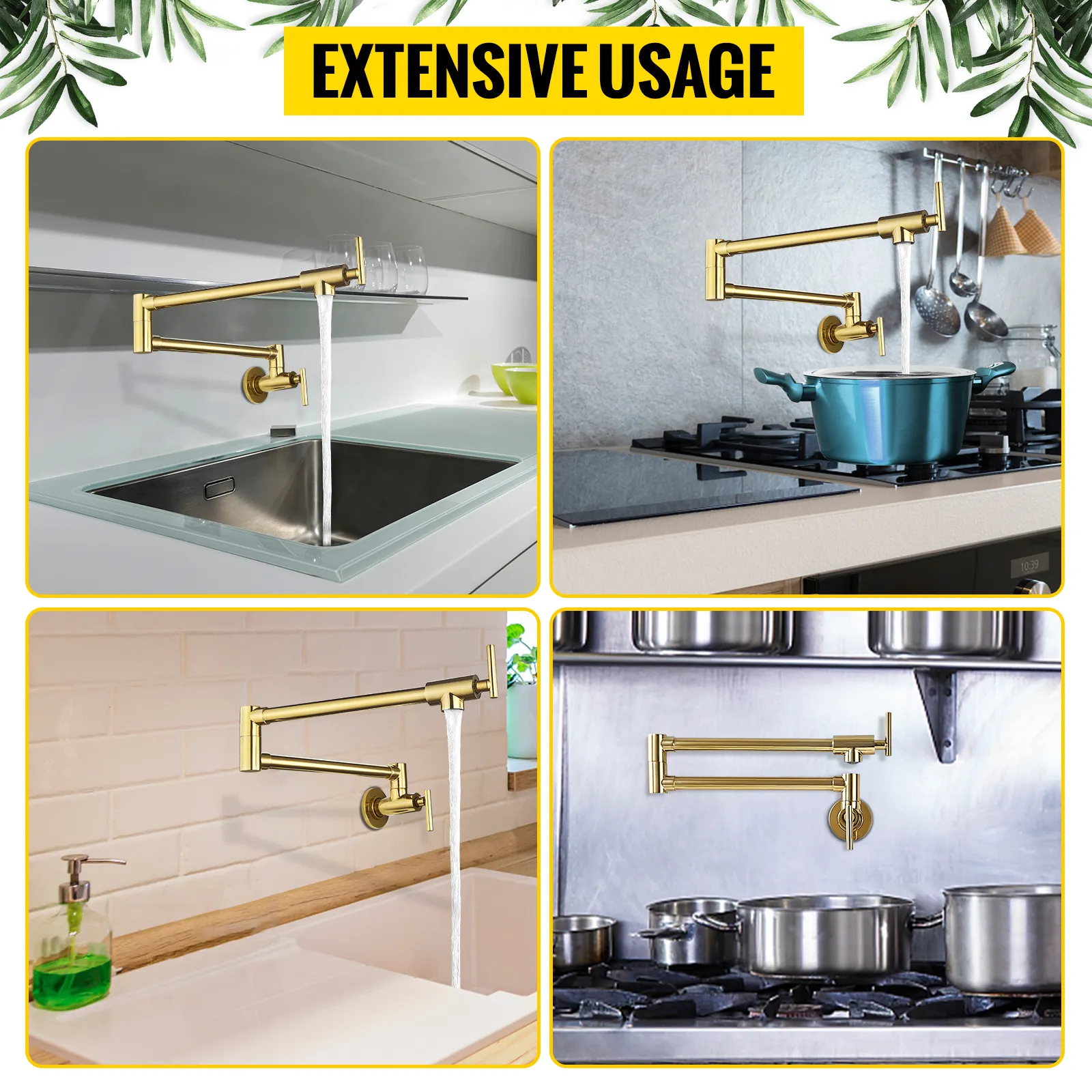 Grifo para llenado de ollas VEVOR en oro cepillado para fregaderos y estufas de cocina, que demuestra varios usos.